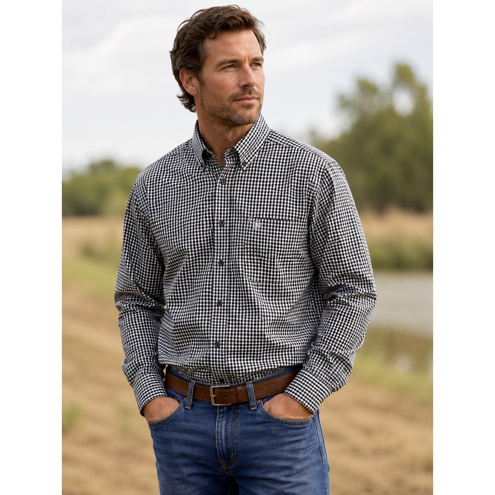 Ariat Pro Series Mens Medium Black White Gingham Button Down Shirt Western Rodeo